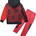 Boys Halloween Cartoon Outfit Red Long Sleeve Zipper Up Hoodies Novelty Pants Set (Red)