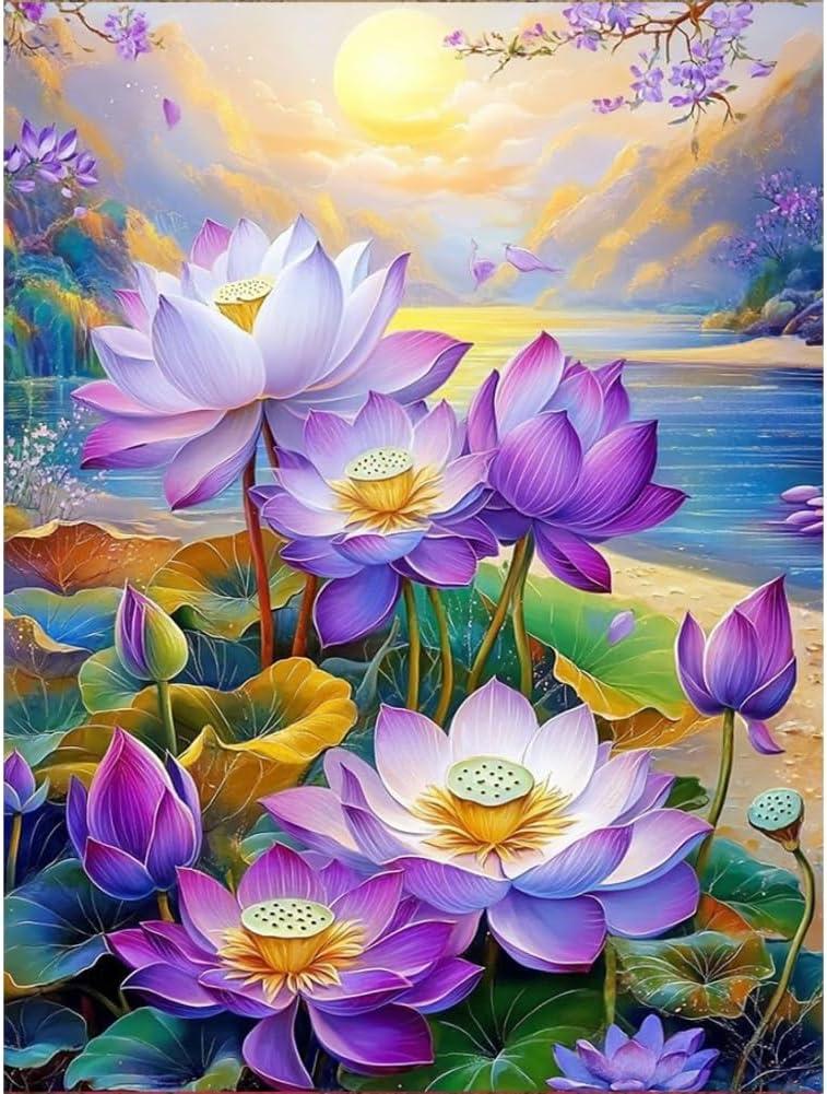 Acudotr Lotus Diamond Painting Kits for Adults, 5D DIY Diamond Art Kits for Beginners, Full Drill Diamond Painting Kits for Home Wall Decor, 12x16 Inch