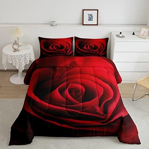 Erosebridal Rose Comforter Set Red Rose Bedding Set Romantic Theme Down Comforter Valentine's Day Print Quilted Duvet King Size Red Lightweight Bedroom Decor Duvet Insert