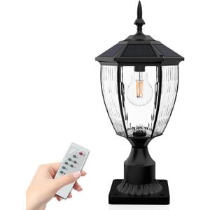 Solar Post Lights with Pier Mount Base, 17.3'' H 2700K Solar Lamp Post Light Waterproof, Dusk to Dawn Pole Lights Outdoor for Garden Patio Yard Pathway Gate, Remote Control, Black(Warm White)