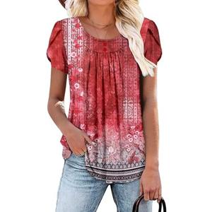 Angerella Women Tunic Tops Dressy Casual Summer Short Sleeve Shirts Floral Loose Fit Pleated Boho Top, Size M, Red