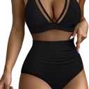 RXRXCOCO Women Sexy V Neck Mesh One Piece Bathing Suit Halter Push Up Tummy Control Swimsuit Swimwear S