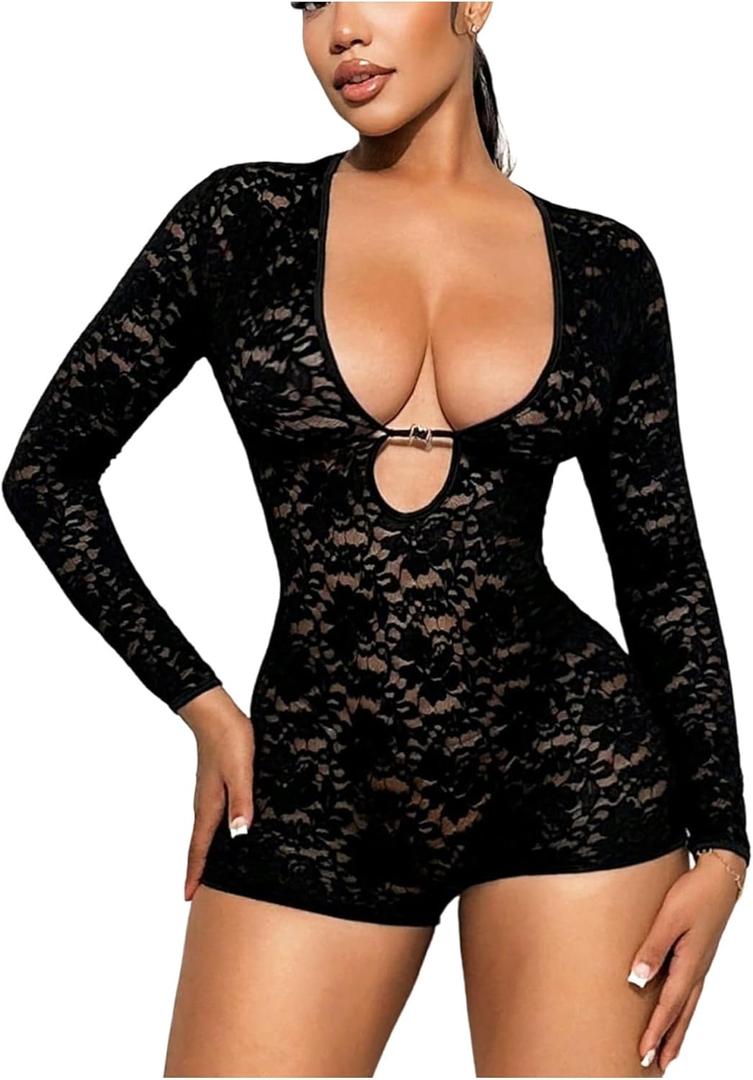 OYOANGLE Women's Long Sleeve Low Cut Floral Lace Romper Y2K Going Out Skinny Short Jumpsuits (Large, Black)