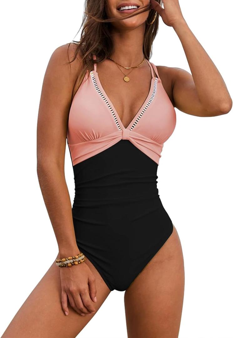 SEAFORM Womens One Piece Swimsuit Tummy Control Swimsuits V-Neck Push Up Swimwear Full Coverage Slimming Bathing Suits (Large, Pink/Black)