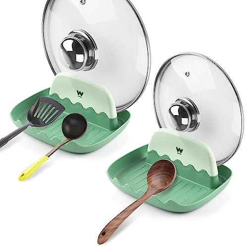 Spoon and Lid Rest - 2 Packs Spoon Rest with Lid Holder, Neat & Drip-Free Spoon Rest for Countertop Stove Top, Heat-Resistant Utensil Rest for Spoons, Pot Lids, Spatulas, Utensils, Forks (Green)