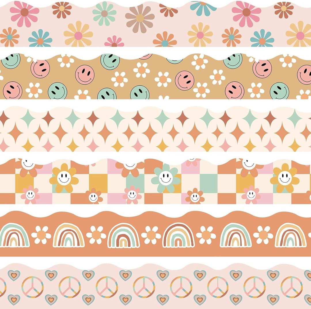 5 x VABAMNA Boho Bulletin Board Borders Retro Classroom Decorations, 84Ft Groovy Bulletin Board Border Daisy Floral Rainbow Decor Colorful Scalloped Trim Border for Teacher School Supplies Classroom Decor