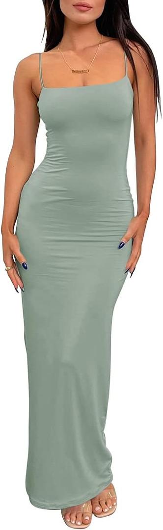 LILLUSORY Womens Summer Casual Slip Dresses Spaghetti Strap Double Lined Bodycon Maxi Dress (Sagegreen) XL