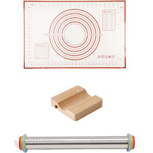 Adjustable Stainless Steel Rolling Pin with Thickness Rings for Baking, Dough Roller Pins for Cookie Decorating Baking Supplies with 1PCS Silicone Pastry Mat & 1PCS Rolling Pin Holder (Silver, 16.9", Stainless Steel Set 1)