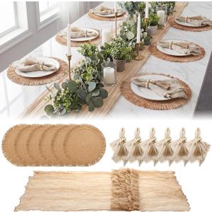 Frienda Set of 6 Boho Table Placemats Round Woven Place Mats Matching Linen Textured Napkins Wood Bead Napkin Rings and 1 Pcs Beige Table Runner for Home Farmhouse Kitchen Dining Natural Decor
