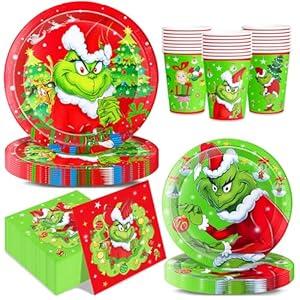 100Pcs Christmas Paper Plates and Napkins Sets Christmas Party Supplies Decorations with 9 inch & 7 inch Plates Napkins Cups
