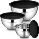 LIANYU Mixing Bowls with Lids Set of 3, Large & Small Stainless Steel Nesting Metal Bowls for Kitchen Storage, Dishwasher Safe, Size 1.5QT & 3QT & 4.6QT, Black