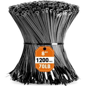 Zip Ties, RAZCC 1200pcs Black Cable Zip Ties 8 Inch, Heavy Duty Plastic Wire Ties with 70lb Tensile Strength, Self-Locking Black Nylon Tie Wraps for Indoor and Outdoor