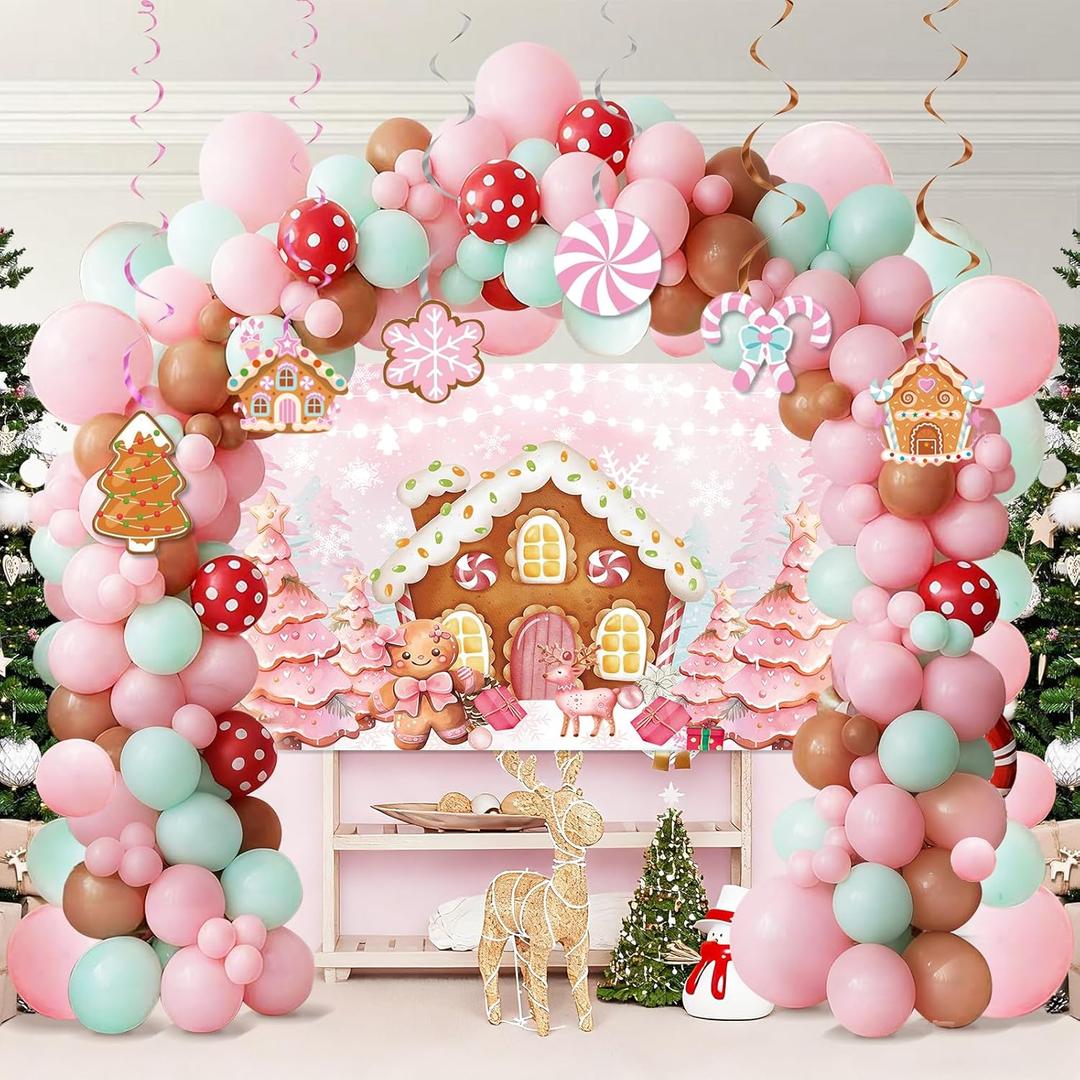 MEHOFOND Pink Gingerbread Party Decorations, Gingerbread Photography Backdrop with Balloons, Christmas Pink Green Brown Balloon Garland Arch, Candy Gingerbread Hanging Swirls for Birthday Baby Shower
