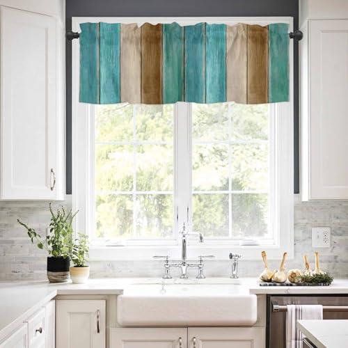 Gsypo Vintage Valances for Windows/Bedroom/Living Room/Kitchen/Cafe, Country Turquoise Brown Wood Grain Semi Small Curtain Drapes Rod Pocket Light Filtering Window Treatment, 42" x 12"