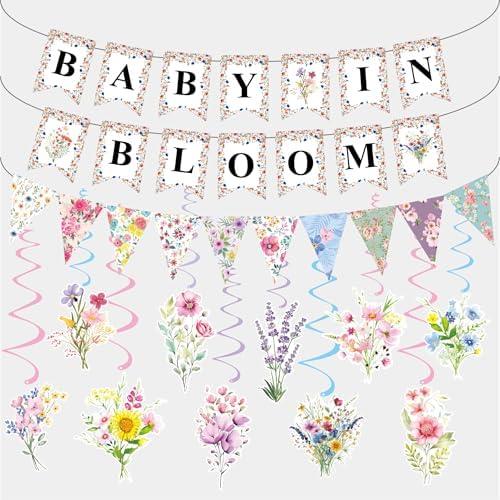 Pack of 3 Floral Baby Shower Gender Reveal Decorations,Baby in Bloom Banner,with Wildflower Hanging Swirls,for Neutral Baby Boy Girl Shower Party Decor Supplies