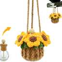 Crochet Car Air Freshener, 15ml Empty Refillable Oil Diffuser Bottle with Hanging Crochet Sunflower for Car Rearview Mirror Decor Air Freshener Diffuser for Home, and Office Decor(Sunflower)