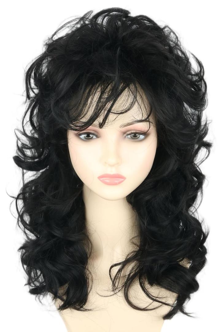 Women's Wigs 70s 80s Fashion Singer Wigs Black Long Curly Beehive Wigs for Halloween Costume Party Wig