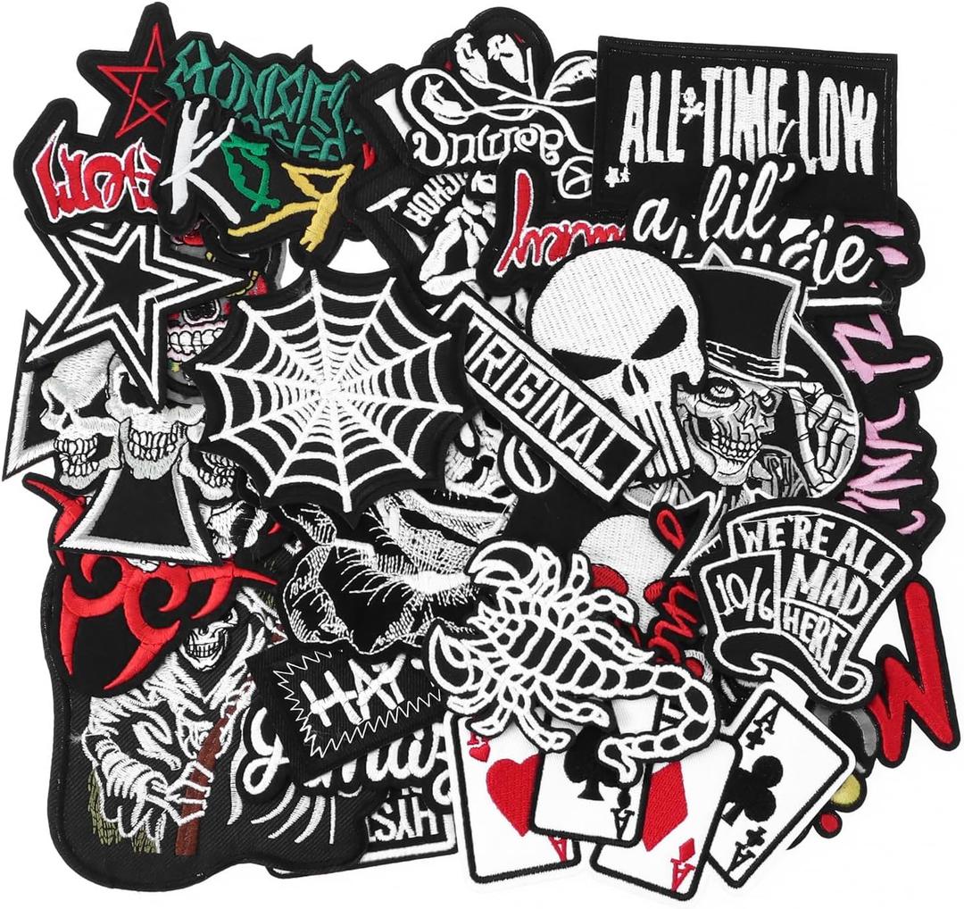 30pcs Random Assorted Cool Punk Embroidered Patches, Sew On/Iron On Patch Applique for Clothing, Jackets, Jeans, Hats, DIY Accessories