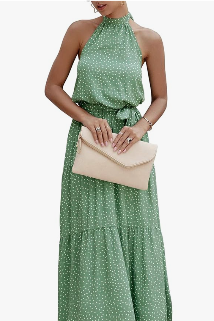 PRETTYGARDEN Women’s Halter Neck Floral Long Maxi Dress Casual Sleeveless Backless Dresses Loose Ruffle Sundress with Belt, S