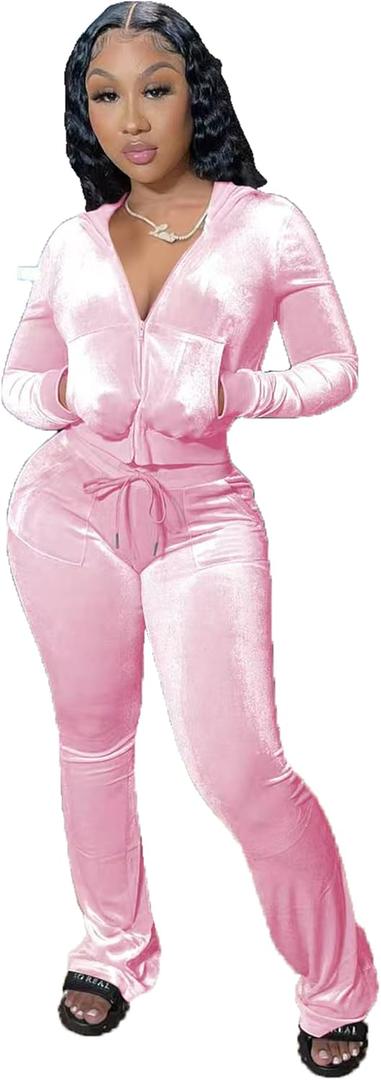 yidengymx Womens 2 Piece Velour Tracksuit Two Piece Outfits for Women Long Sleeve Zip Up Crop Tops Sweatpants Sets Pockets (Medium, Hoodie/Wide Leg Pants-light Pink)