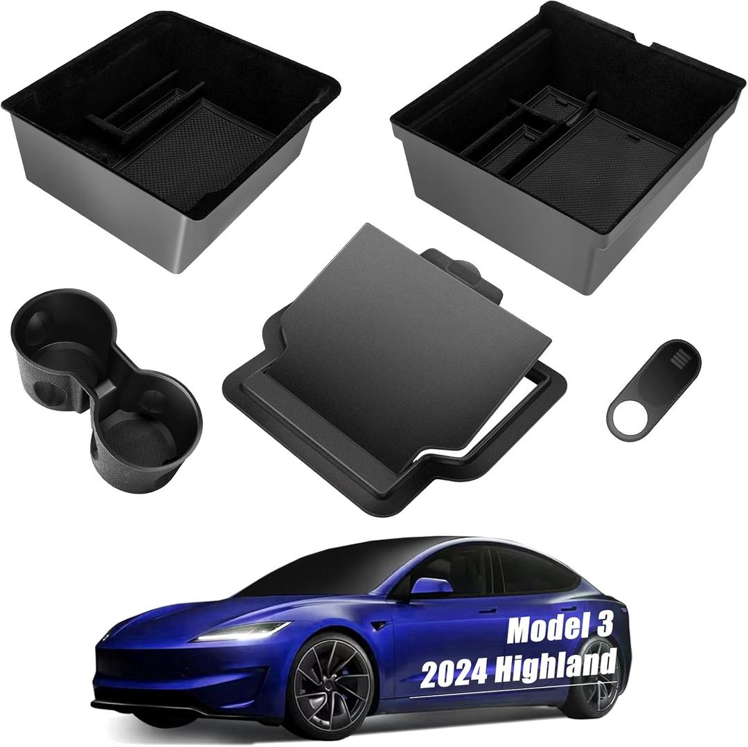 Tesla Model 3 Accessories 2025-5Pcs Center Console Organizer Tray for Tesla Model 3 Highland 2025 2024, Hidden Storage Box,Cup Holder & Armrest Drawer Organizer