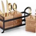 BSTKEY Wooden Utensil Caddy, Farmhouse Kitchen Silverware Holder with 3 Compartment, Flatware Organizer with Black Portable Metal Tray, Utensil Cutlery Organizer for Forks Spoons Knives, Wood