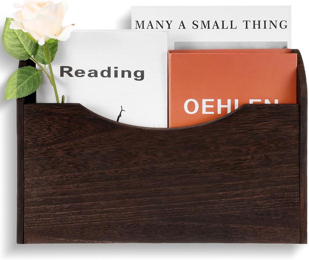 Suzile Wall Mounted File Holder Wood Magazine Holder Wall Hanging File Organizer for Office Mail Magazine Letter Paper Folder Organization(Brown)
