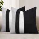 Adabana Set of 2 Linen Pillow Covers Decor Square Patchwork Throw Pillow Covers 18x18 Inch Farmhouse Cushion Covers Decorative Couch Bedroom Sofa Living Room,Black
