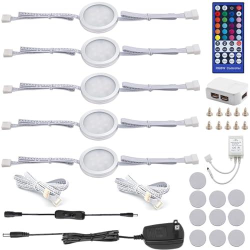 AIBOO 24V Color Changing LED Puck Lights Dimmable, Multicolor Under Cabinet Lighting Linkable with Remote for Counter, Cupboard, Showcase, Display (RGBWW, 4 Packs)