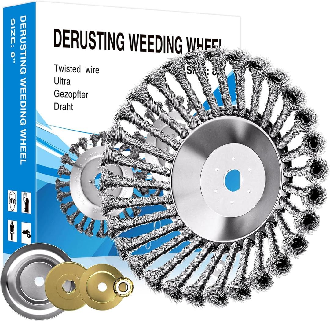 Steel Wire Rotary Weed Brush Cutter Trimmer Head for Weed Cutter Eater, Indestructible Trimmer Blade with Universal Adapter Kits for Moss Grass Rust Removal (8 inch)