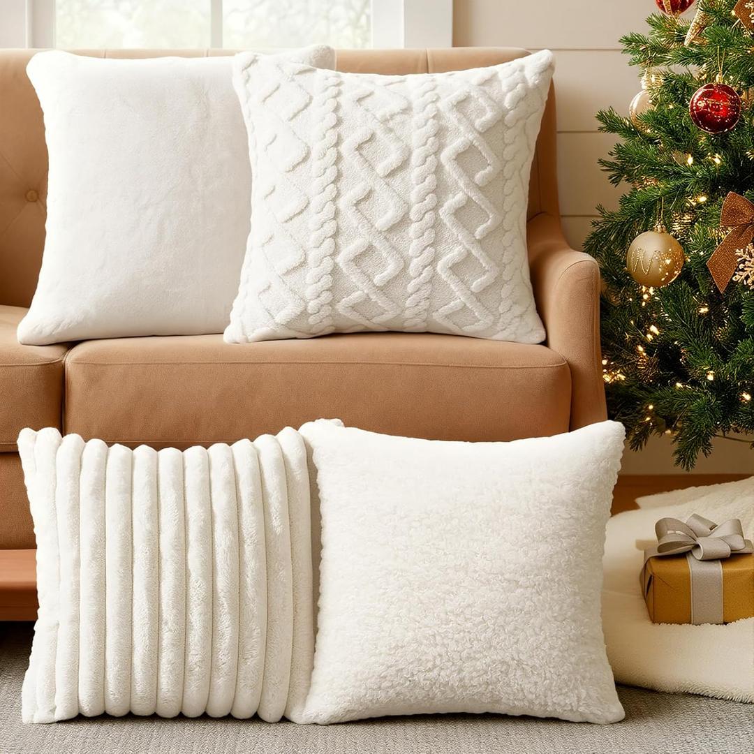Christmas Pillow Covers 18x18 Set of 4: Plush Cream Pillow Covers , Farmhouse Bohemia Cushion Case, Rustic Faux Fur Beige Throw Pillow Covers for Home Couch Sofa Bed Indoor Christmas Decorations