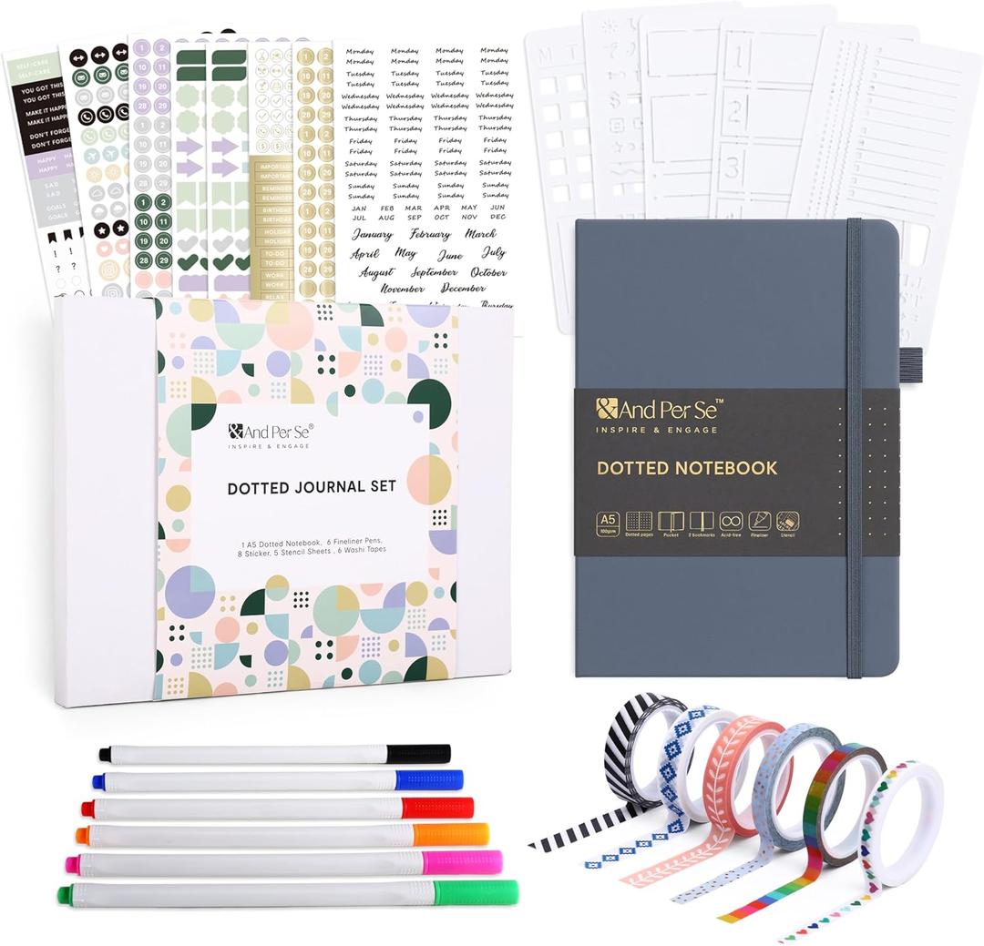 &And Per Se Dotted Journal Kit, A5 Hardcover Dot Grid Journal Notebook Set for Beginners with Journaling Supplies Stencils, Stickers, Washi Tapes & Colored Pens Accessories (Dark Blue)