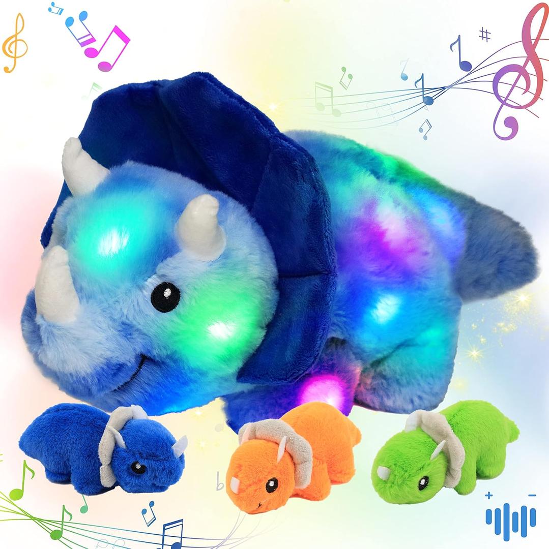 Hopearl LED Musical Stuffed Dinosaur Playset Lighting Up Singing Plush Toy Mommy Triceratops with 3 Babies in her Tummy Adjustable Volume Lullaby Animated Soothe Gifts for Toddlers Boys, Blue, 15