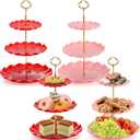 DEAYOU 4 Pack 3 Tier Cupcake Stand, Plastic Dessert Stand Display Tower, Tiered Cake Stands Serving Trays with Gold Rod, Pastry Rack Holder Platter for Buffet, Party, Wedding, Home Decor, Pink, Red