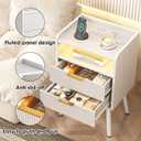 Fixwal White Fluted Nightstand with Charging Station, LED Night Stand with 2 Wood Drawers for Bedroom, Modern Bedside Table, 15.7 x 11.8 x 25.6in