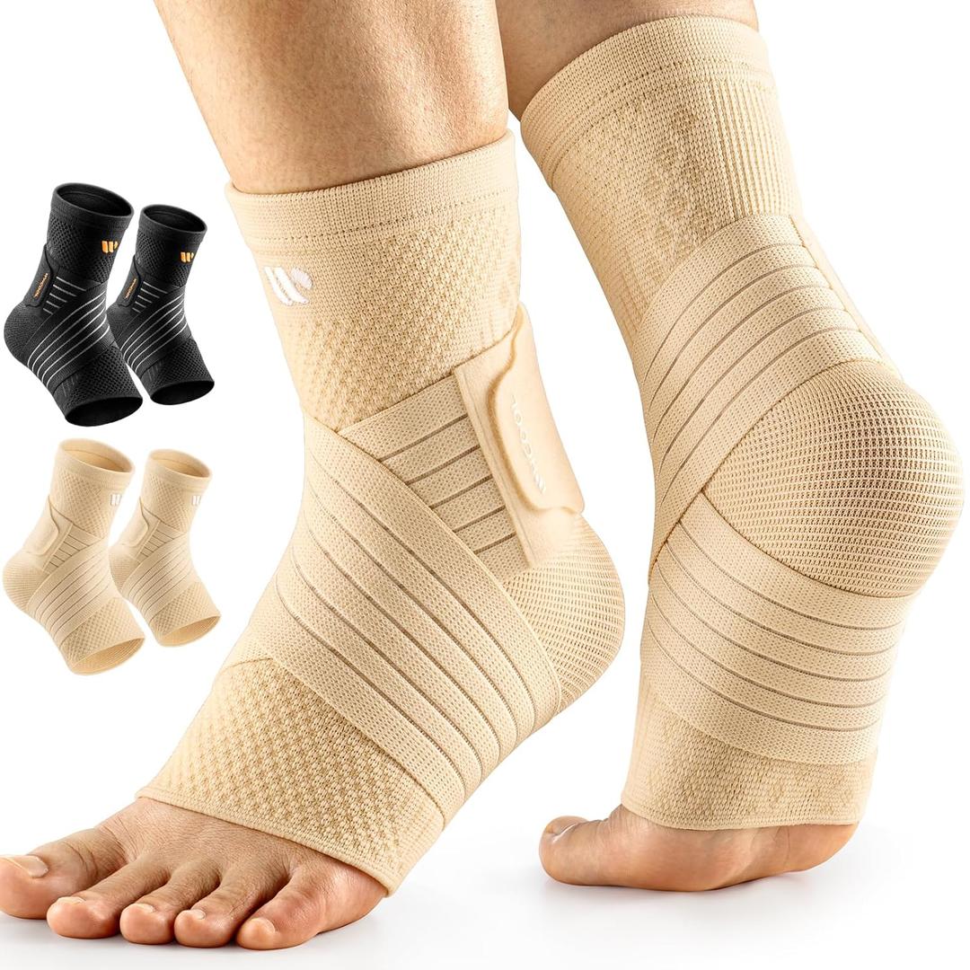 Low-Profile Ankle Braces for Women & Men, Customizable Ankle Compression Sleeve w/Wide Strap, Foot Support Wrap for Plantar Fasciitis Pain Relief, Achilles Tendonitis, Sprain, Beige, 1 Pair, L