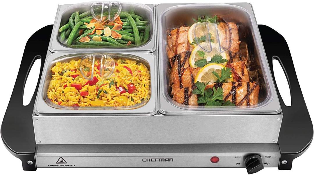 Chefman Electric Buffet Server + Warming Tray w/ Adjustable Temperature & 3 Chafing Dishes, Hot Plate Perfect for Holidays, Catering, Parties, Events & Home Dinners, 14" x 14" Surface, Stainless Steel