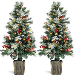 Lunmon 2 Pack 4FT Entrances Christmas Trees for Porch Pre Lit Artificial Pathway Potted Xmas Tree with 100 LED Lights 8 Mode Remote Control Berries Pine Cones for Front Door Driveway Yard Outdoor