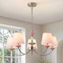 Pink Chandelier for Bedroom Light FixtureBrushed Nickel Art Deco Chandelier with Fabric Shade,Antique Modern Chandeliers paired with Ceramic for Girls BedroomLiving RoomDining Room