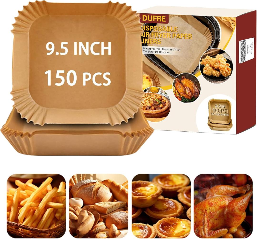 150Pcs Air Fryer Paper Liners 9.5 INCH [ Fit 5-10 QT] Parchment Paper,Disposable Square Paper for Air Fryer Non-stick Oil-proof Waterproof for Baking,Microwave,fathers day for dad