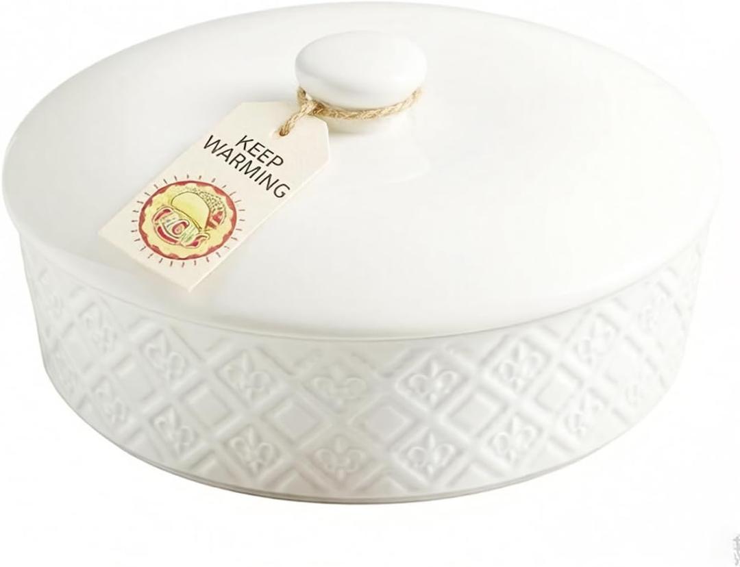 Large Tortilla Warmers with Lid, Embossed Ceramic Tortilla Holder Servers Oven Safe - Taco Tuesday, Taco Bar, 8.8 Inch Microwavable Food Storage Container, Bread Warmer Pancake Warmer, White