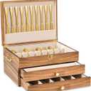 Silverware Storage Box, 3-Layer Flatware Storage Case with Drawer, Wooden Silverware Chest with Handle and Linen Liner, Rustic Silverware Case for Storing Fine Flatware and Utensils (Brown)