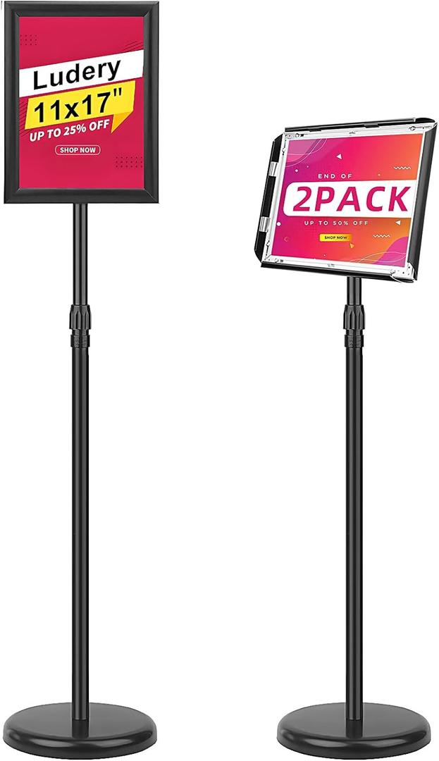 Ludery Adjustable Sign Holder Stand 11x17 inch, Pedestal Floor Signage Standing Holder with Heavy Duty Base, Aluminum Snap Open Frame Display for Business Restaurant, Mall, Schools-2 Pack
