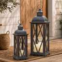Farmhouse Outdoor Lanterns for Patio, Set of 2 Rustic Lanterns Decor, Vintage Hanging Candle Holder Decorative for Porch, Garden, Yard, Indoor (No Glass, Dark Brown)
