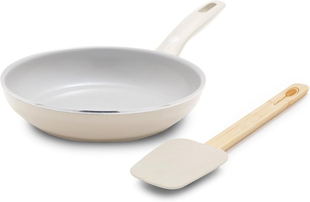GreenPan Dover 8 Frying Pan Skillet with Spatula, Non-Toxic PFAS-Free Ceramic Nonstick Coating, Sear Saute Fry Egg Omlete, Dishwasher & Oven Safe, Stay Cool Handle, Easy Pour Rims, Cream White
