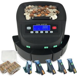 Professional USD Coin Counter and Sorter with LCD Display,Coin Sorter Machine for USD Coin 151025$1, 2000-coin Capacity,300 Coins/min,Automatic Change Counter,5 Bins,5 Tubes (+96 Wrappers+Cover)