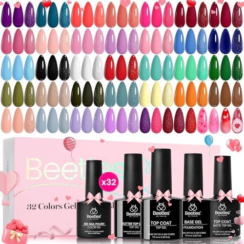 beetles Gel Polish Set Fall Gel Nail Polish Kit 36 Pcs 32 Colors with Base Top Coat Burgundy Red Blue Purple Hot Pink Green Black White Uv LED Lamp Nails Gifts for Women Fingertip Palette