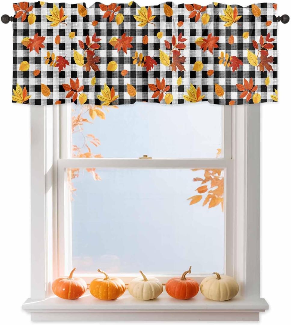 Kitchen Cafe Valance Curtain for Small Windows,Thanksgiving Farm Harvest Rod Pocket Blackout Curtains,Fall Maple Leaves on Buffalo Plaid Darkening Window Treatment for Living Room Bedroom Bathroom (54"W x 18"L (Pack of 1), Multi Color)