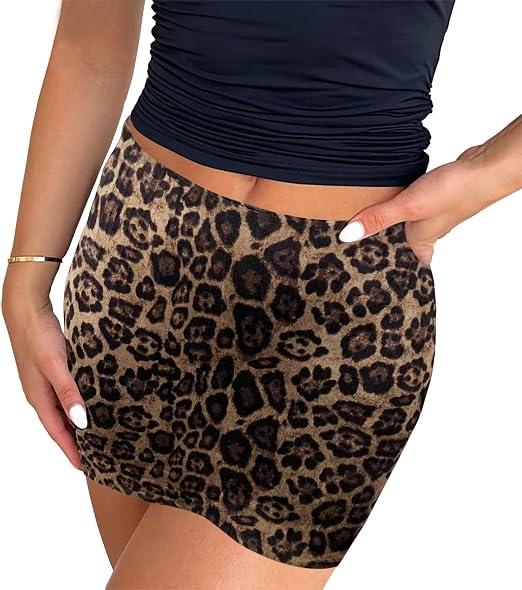 Tsher Women's Black Leather Skirts High Waist Stretch Slim Fit Slit Bodycon Mini Skirt (S, Leopard)