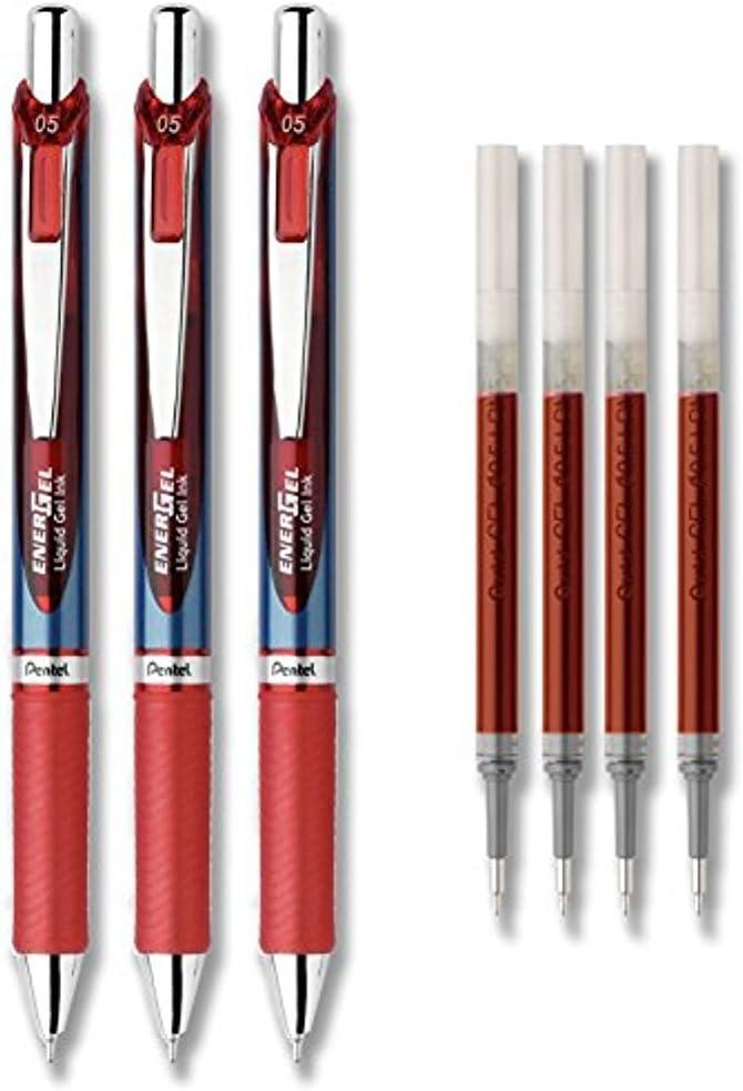 Pentel EnerGel Deluxe RTX Liquid Gel Ink Pen Set Kit, Pack of 3 with 4 Refills (Red - 0.5mm)